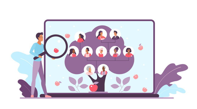 Family tree, genealogy online vector illustration. Cartoon tiny man with magnifying glass looking at laptop screen to study infographic flowchart, network of three generations with relatives portraits