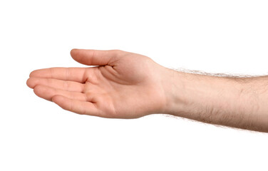 Man holding something on white background, closeup