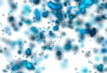 Abstract blue and white background featuring blurred liquid drops and glowing particles creating a dynamic, flowing design element.