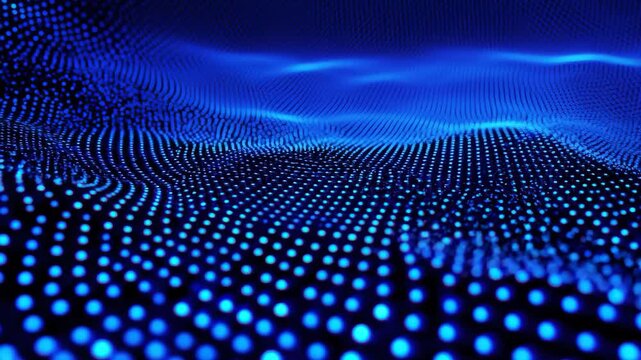 A mesmerizing display of blue dots radiates across a dark surface, forming a dynamic wave-like pattern that evokes a sense of digital fluidity and movement.