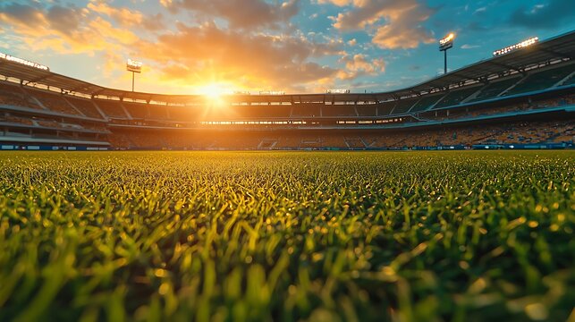Cricket stadium glowing sunset over green pitch high resolution picture