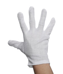 Woman in cloth glove on white background, closeup