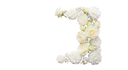 Elegant floral arrangement shaped like a capital letter B composed of white roses on a black