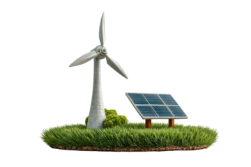 Wind turbine and solar panel on grass island