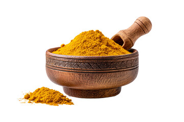 Wooden bowl with turmeric powder and scoop