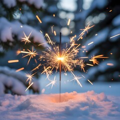 Golden sparkler creating vibrant light on pristine snow at dusk