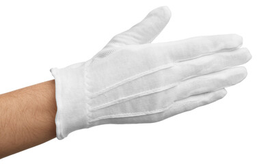 Woman in cloth glove on white background, closeup