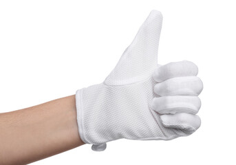 Woman in cloth glove showing thumbs up on white background, closeup