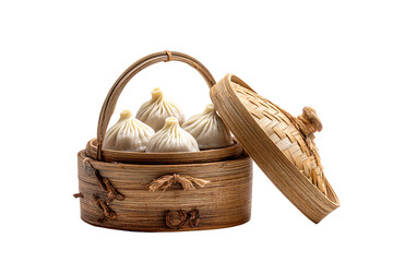 Steaming dumplings in bamboo steamer basket