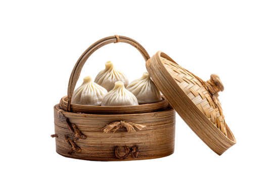 Steaming dumplings in bamboo steamer basket - Powered by Adobe