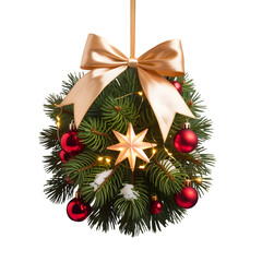 Festive hanging christmas decoration with golden bow and lights isolated on transparent background
