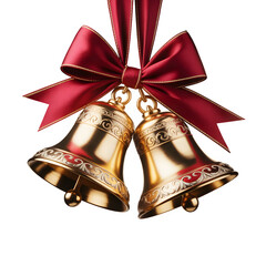 Ornate golden bells with red ribbon bow, festive holiday symbol isolated on transparent background