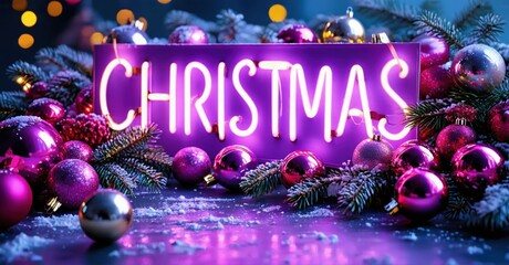 Naklejka premium Bright purple Christmas sign surrounded by ornaments, pine branches, snow. Festive holiday scene, vibrant colors, joyful mood.