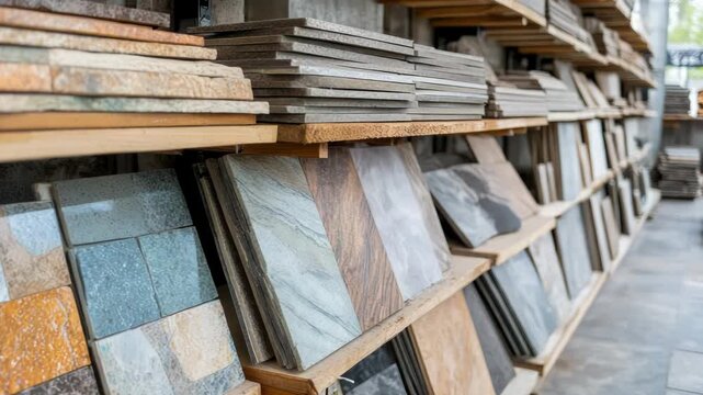 Stone, ceramic and porcelain tile samples neatly arranged on wooden shelves in a showroom, showcasing textures, patterns and material choices for home renovation and interior design