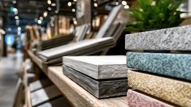 Contemporary hardware store display of decorative tile and paving stone samples on shelves, showcasing a varied selection of colors, textures and finishes for home projects