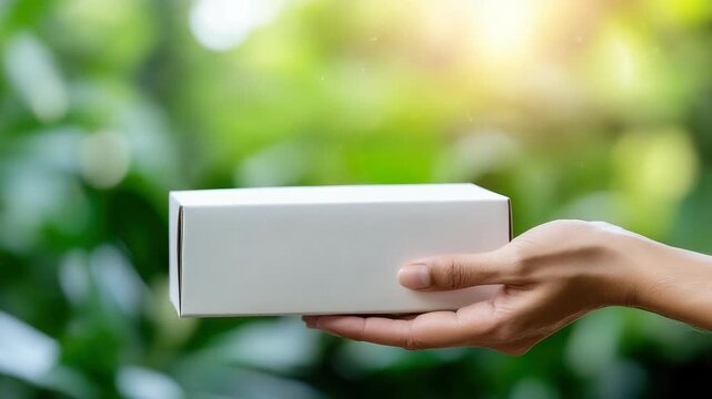Human hand presenting a small white blank cardboard box against a natural green bokeh background, suggesting a gift, sustainable packaging, or a special delivery in an outdoor setting