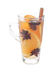 Delicious mulled wine with slices of orange and spices in glass cup isolated on white