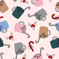 Winter Hot Chocolate and Berries Vector Seamless Pattern