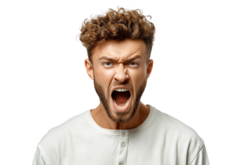 Man screaming in rage with curly hair and beard