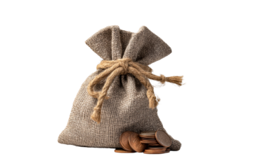 Small burlap sack tied with rope, with scattered coins