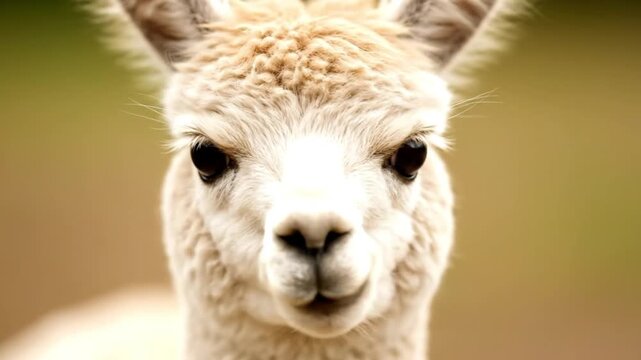 Close-up portrait of a fluffy white alpaca, its curious face in focus