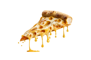 Slice of melted cheese pizza dripping golden cheese
