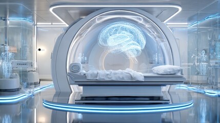 Futuristic medical scanning room showcasing advanced brain imaging technology and artificial intelligence in a modern healthcare environment, representing innovation in diagnostics