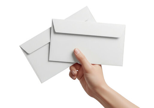 Hand holding white envelopes isolated on transparent background