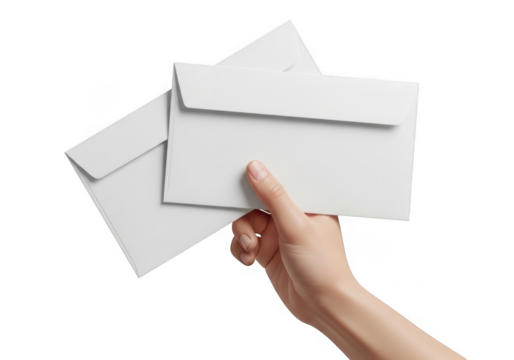 Hand holding white envelopes isolated on transparent background - Powered by Adobe