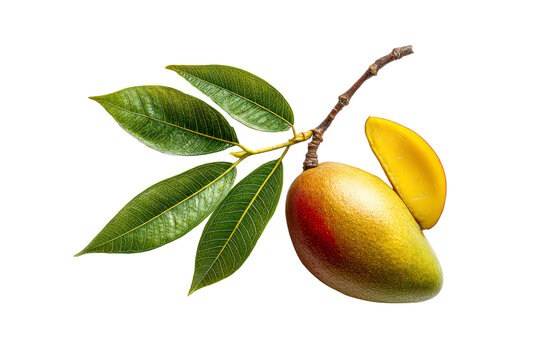 Whole mango with leaf and slice on white