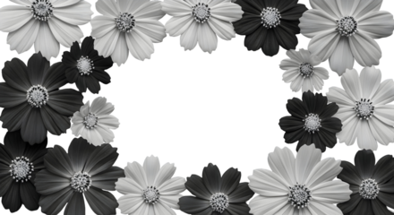 Elegant monochrome floral arrangement forming a natural decorative border with detailed petals and