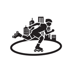 Fototapeta premium Inline skateboarder racing icon for sports and fitness, city background