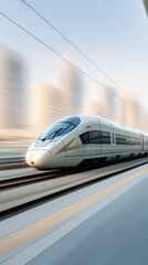 Fototapeta premium White high-speed bullet train travels quickly on railroad tracks, creating a dynamic motion blur effect, representing fast transportation, innovation, and global travel