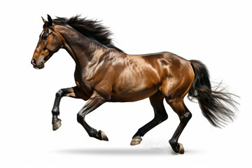 Obraz premium A majestic brown horse powerfully gallops forward, its flowing mane swept back by the wind. The clean white background emphasizes the horse's movement and strength.