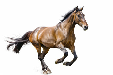 Obraz premium A majestic brown horse runs swiftly, its flowing mane and tail catching the wind. Captured in motion, this image evokes a sense of freedom and power.