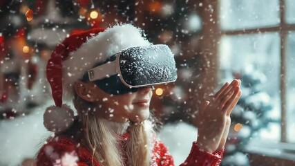 Cheerful young girl in a Santa hat enjoying a virtual reality experience of a winter wonderland, playfully reaching out to feel the snowflakes in this digitally enhanced Christmas setting