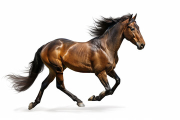 Obraz premium A majestic brown horse in motion, its flowing mane captured against a clean white background. A dynamic image of speed and grace.