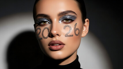 Beautiful woman with sparkling 2026 glitter makeup celebrating new year party