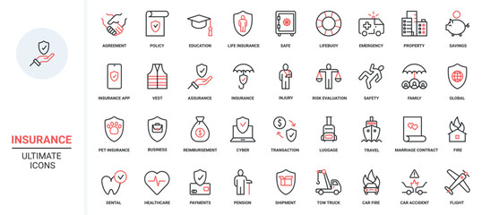Healthcare, global financial protection shield for health, real estate and business, marriage contract and education agreement. Insurance trendy red black thin line icons set vector illustration.