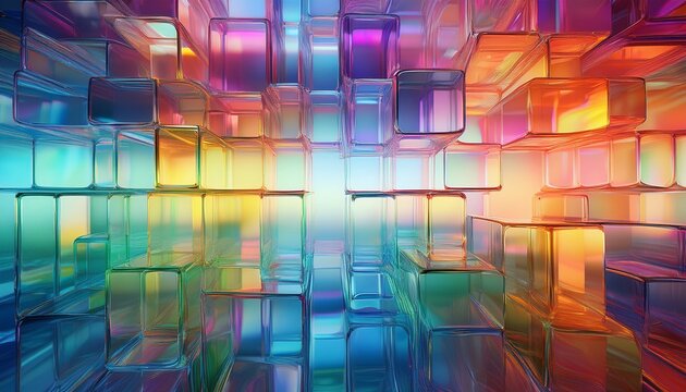 crystal clear glass block texture iridescent transparent material background vivid prismatic shapes morphing in 3d space creating a visually enchanting and dynamic effect 3d render