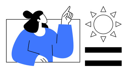 Person gestures upward with pointing hand, emphasizing sun icon and equality lines. Ideal for creativity, equality, environment, education, empowerment, optimism minimalism. A simple flat metaphor
