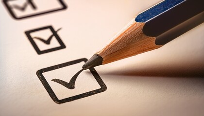 pencil marking check boxes on a form illustrating quality control completion accountability and a clear verification process for organized projects