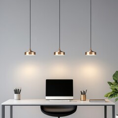 Fototapeta premium Minimalist Desk Setup Copper Pendant Lights, Home Office, Lighting