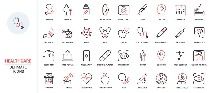 Healthy grocery food red black thin line icons set vector illustration. Fresh organic fruit and vegetables, water and tea with honey, yogurt farm milk, fish seafood and olive oil for cooking meals.