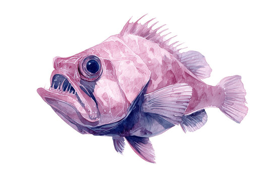 Menacing deep sea fish hand drawn watercolor painting