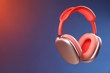 Pair of stylish headphones in air on color gradient background, space for text