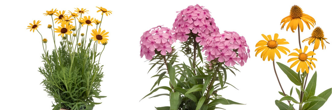 Three separate groupings of blooming flowers showcasing bright yellow coreopsis and cheerful pink phlox with rich green leaves all presented on a clear transparent background