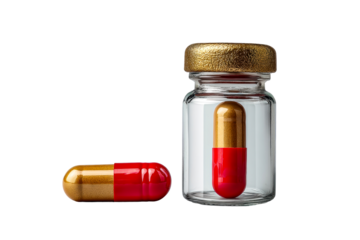 Two large red and gold medicine capsules, one inside a clear glass bottle with a textured lid, representing a valuable or potent pharmaceutical treatment concept