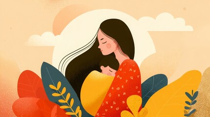 Flat vector artwork of a mother breastfeeding calmly, warm tones, ideal for parenting and maternity content. 