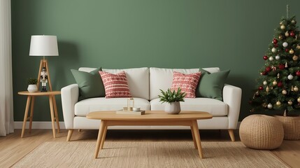 Warm holiday living room with a white sofa, wooden table, Christmas cushions, and nutcracker decorations against a green wall.
